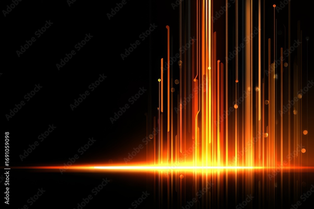 Poster black background with orange lines and dots. the orange lines are long and thin. scene is warm and i