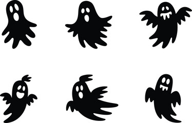 Scary and funny ghost silhouettes collection for Halloween, spooky cartoon spirits, horror vector illustration design, black shadow creepy monsters, festive decoration elements