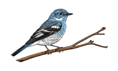Illustration of a small blue bird with white markings perched on a brown branch, showcasing its detailed plumage.