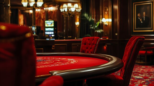 Elegant casino setting with plush red velvet seating, ready for high-stakes poker game night