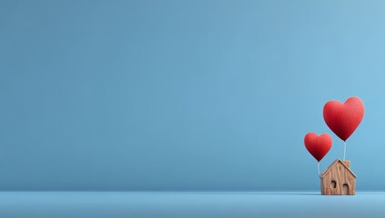 Blue background with two red hearts and a house. The house is made of wood and is floating in the air