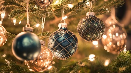 A beautifully decorated tree with glowing ornaments, evoking festive holiday spirit.