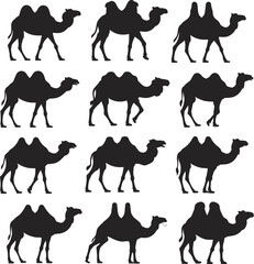 Silhouette illustration of camels with two humps, desert animals walking in various poses, black vector artwork for wildlife, nature, travel themes