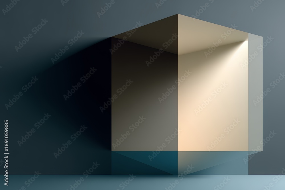 Poster cube is reflected in a window, creating a shadow on the wall. the image has a minimalist and modern 