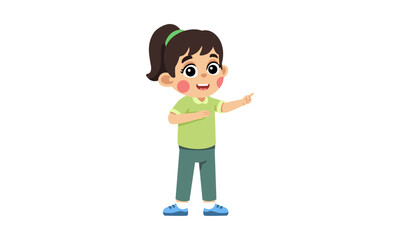 A cheerful cartoon girl with a ponytail, wearing a green t-shirt and pants, smiling and pointing to the side on a white background.
