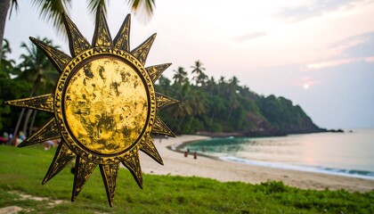 Golden sun ornament hanging over a beach scene