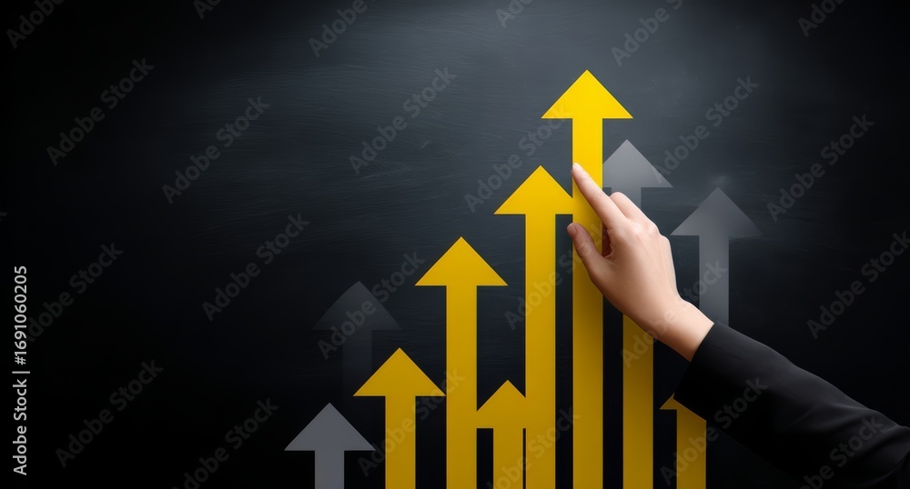 Poster hand is pointing at a chart with a yellow arrow on top and several other arrows below it