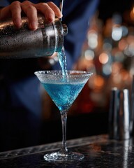 Bartender pouring a shimmering blue cocktail into a sugarrimmed martini glass in a dimly lit bar with bokeh lights in the background