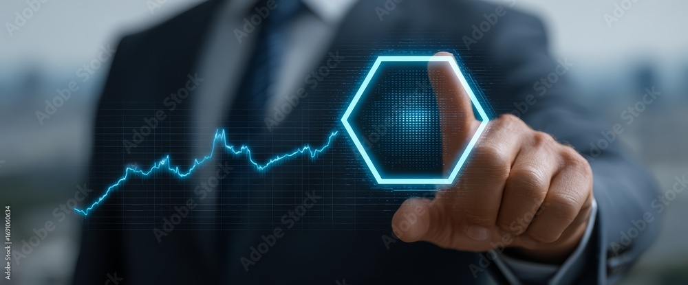 Poster man in a suit is pointing at a graph on a computer screen. the graph shows a rising trend