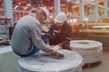 Engineers and staff are checking systems and parts in a metal cheese production plant.