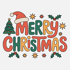 Merry Christmas Retro Design:  Hand-drawn Festive Typography with Christmas Tree and Santa Hat.