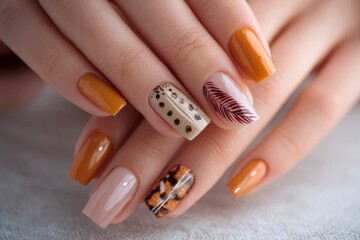 A closeup of manicured hands displaying various nail art designs