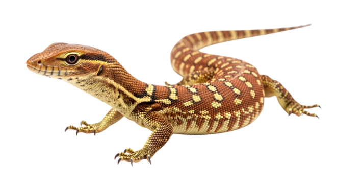 A juvenile Ackie monitor lizard, showcasing its vibrant reddish-brown and cream patterned scales against a stark white background.