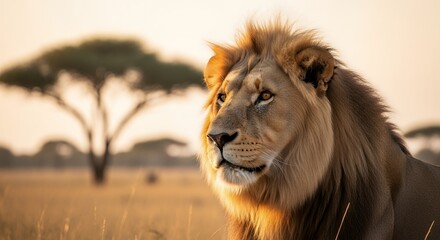 Obraz premium Majestic Male African Lion with Thick Mane at Golden Hour. Powerful gaze in sun-drenched savanna, realistic wildlife photography, serene natural grandeur, detailed fur, sunset light.