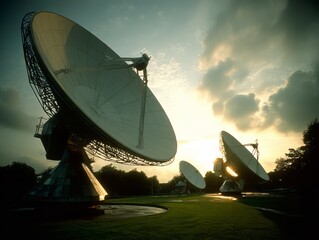 Three large satellite dishes, each with a unique design, placed in a grassy field. The sun is setting behind the dishes