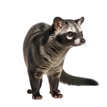 A full-length studio portrait of an Asian palm civet standing on a plain white background, looking to the side.