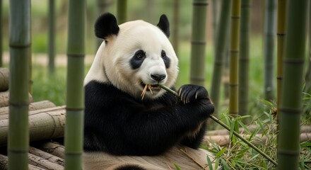 Fototapeta premium Cute Giant Panda Eating Bamboo in Forest - Photorealistic wildlife photography, striking black and white fur, lush green habitat. Nature, animal, conservation, endangered species