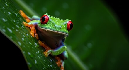 Obraz premium Vibrant Red-eyed tree frog with striking red eyes, bright green skin, clinging to a dewy tropical leaf at night. Macro wildlife, nocturnal amphibian, rainforest nature, exotic animal