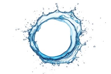 Dynamic circular water splash forming an abstract ring of translucent droplets transparent background