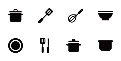 Kitchen utensil and cookware icons. Cooking and food preparation symbols.