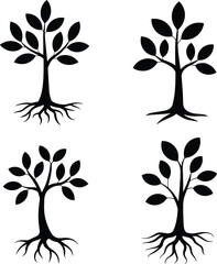 Tree silhouette vector set with roots and leaves, nature design, growth concept, eco-friendly illustration for environment, sustainability, life, organic, green elements