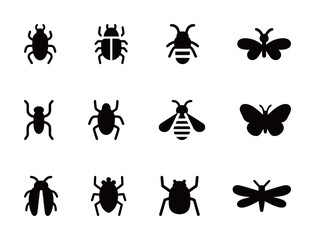 Insect icons including beetles, butterflies, and bees. Nature and bug symbols.