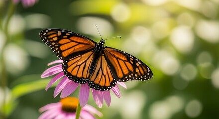 Vibrant Monarch Butterfly with Wings Spread on Bright Purple Coneflower in Sun-Drenched Garden. Detailed Macro Close-up Showcasing Intricate Wing Patterns, Soft Bokeh Background