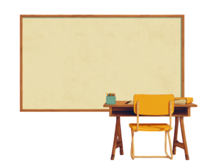 Empty Classroom with Desk and Chair in Front of Blank Chalkboard