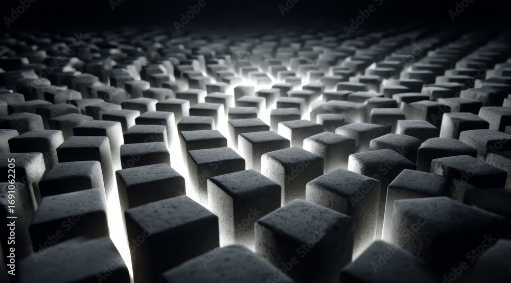Poster Close up of a black and white image of many cubes. The cubes are all different sizes. The image has a minimalist