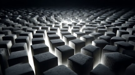 Obraz premium Close up of a black and white image of many cubes. The cubes are all different sizes. The image has a minimalist