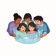 Diverse adults and children intently examine a glowing, transparent digital display showing complex data and futuristic graphics, symbolizing collaboration and learning.