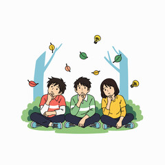 Three young friends sit thoughtfully in nature, pondering new ideas and creative solutions amidst falling leaves and glowing lightbulbs.