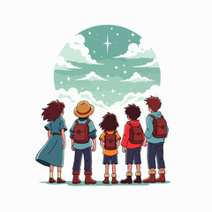 A diverse group of adventurers with backpacks stands together, gazing with hopeful anticipation at a bright guiding star in the expansive, cloudy sky.