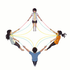 A vibrant illustration portrays five diverse individuals intricately connected by colorful ropes, symbolizing unity, collaboration, and mutual support in a complex social system.