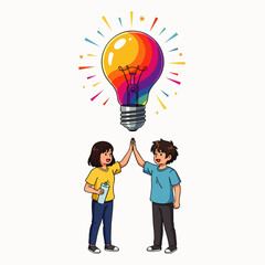 Two joyful children high-five under a radiant, multi-colored light bulb, celebrating a bright new idea, teamwork, and the spark of creative innovation.