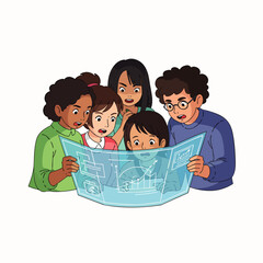 Diverse group of curious children collaboratively analyzing a glowing, futuristic holographic blueprint, symbolizing innovation, teamwork, and future education.