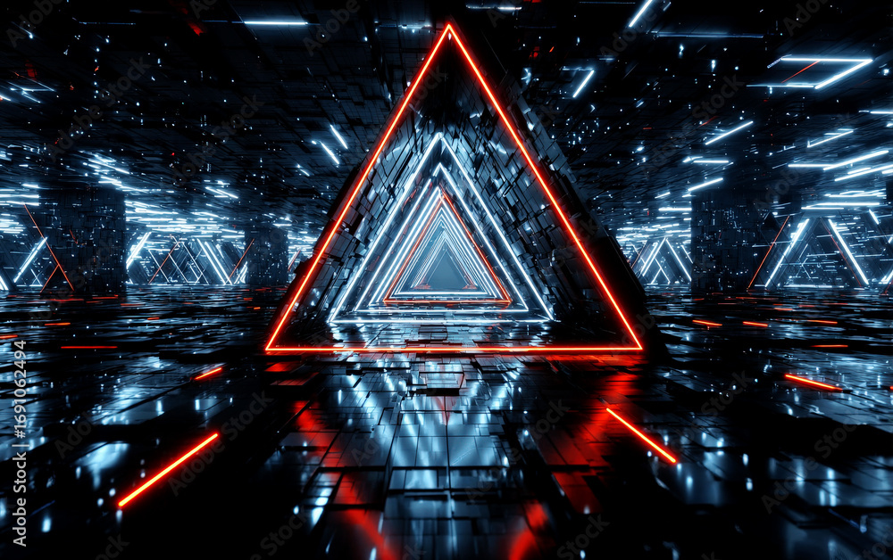 Poster futuristic geometric triangle formation with neon lights in a high-tech setting
