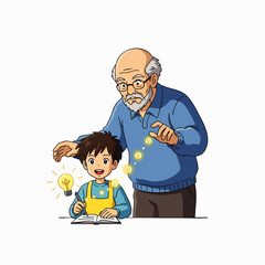 An experienced elderly man gently guides a young boy, inspiring new ideas and fostering a bright future through shared knowledge and mentorship.