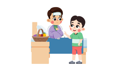 A young boy is visiting his sick friend who is sitting in bed, offering support.