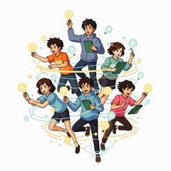 A vibrant group of diverse young individuals collaboratively generates innovative ideas, symbolizing teamwork, education, and creative problem-solving in a dynamic illustration.
