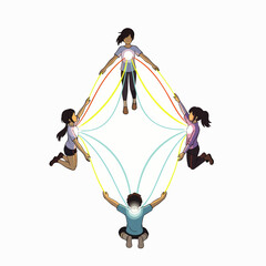An illustrative depiction of five diverse individuals forming a connected network, symbolizing shared energy, emotional bonds, and collaborative community spirit.