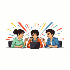 Three diverse individuals navigate a high-pressure collaborative task, with two colleagues intensely engaging the central, focused person amidst a vibrant, energetic atmosphere.