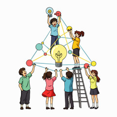 Illustrative depiction of a diverse team working in unison to build a complex structure of interconnected ideas, representing successful collaboration and innovative thinking.