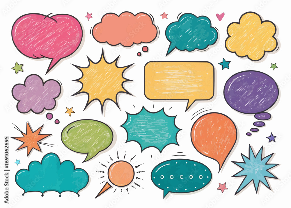 Poster collection of colorful hand drawn speech bubbles and thought clouds with different shapes and design