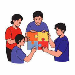 Four diverse individuals are shown collaboratively assembling a vibrant multi-piece jigsaw puzzle, symbolizing teamwork, unity, and effective problem-solving.