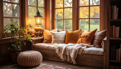 Fototapeta premium Cozy Reading Nook with Autumn View