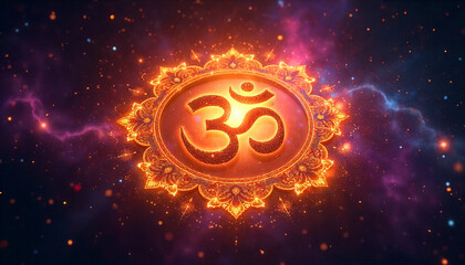 Cosmic digital artwork with the sacred Om (ॐ) symbol glowing at the center, surrounded by a radiant mandala made of stardust and nebula patterns.
