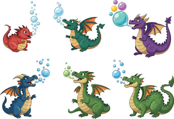 Playful cartoon dragons blowing colorful bubbles, cute fantasy reptile characters, whimsical mythical creatures for children’s illustration, vector art, stock design