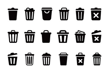 Trash can icons in black and white. Garbage, delete, and recycling symbols.