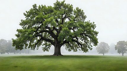 Fototapeta premium Single green oak tree — isolated on pure white, full foliage detail